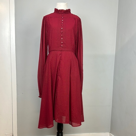 Unique Vintage Red Gold Dot Chiffon High Neck Midi Dress Sz M - Picture 2 of 11